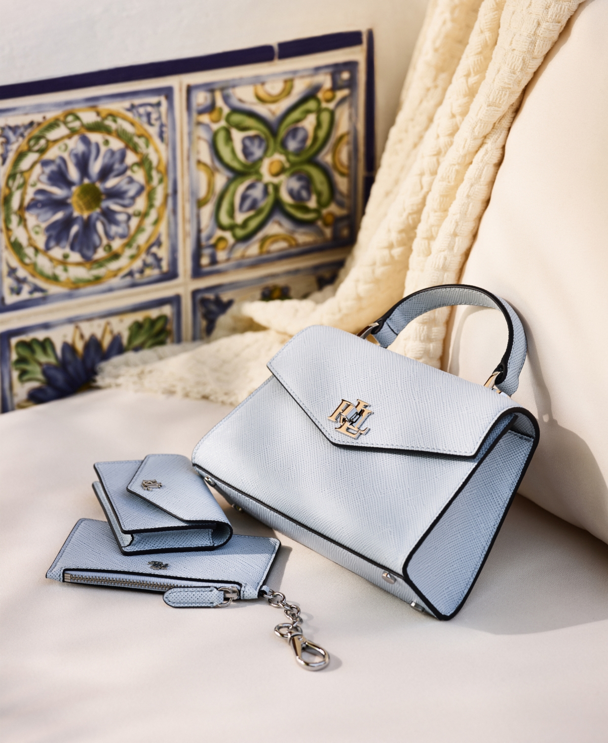 Ralph Lauren Farrah Crosshatch Leather Satchel In Cornflower Blue