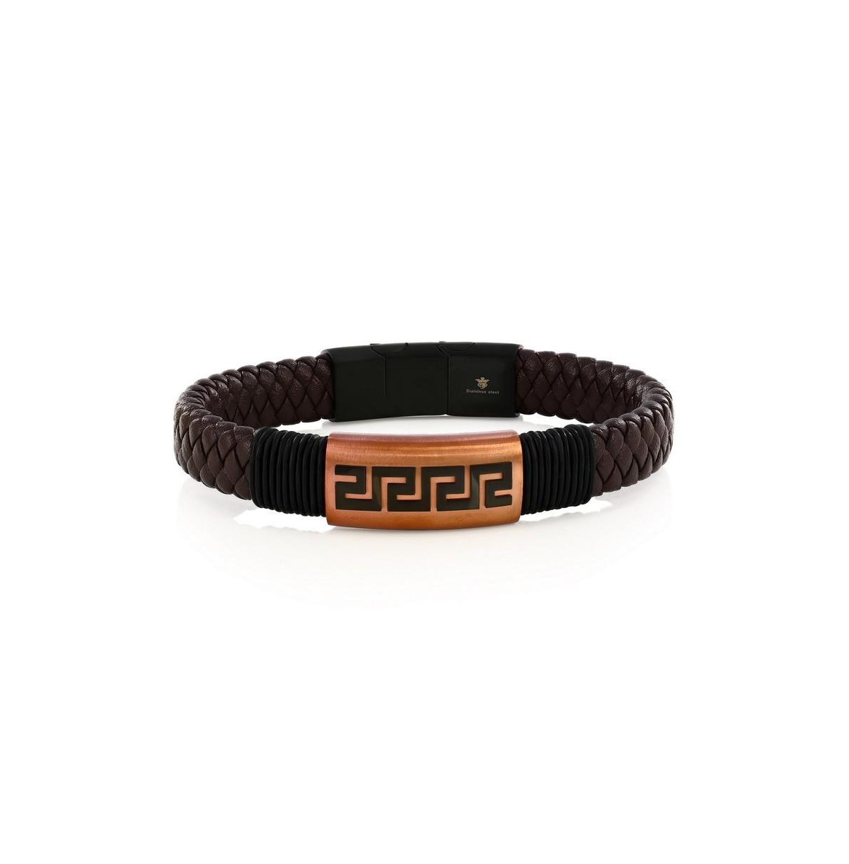 Stainless Steel, Braided Leather Greek Key Bracelet - Brown