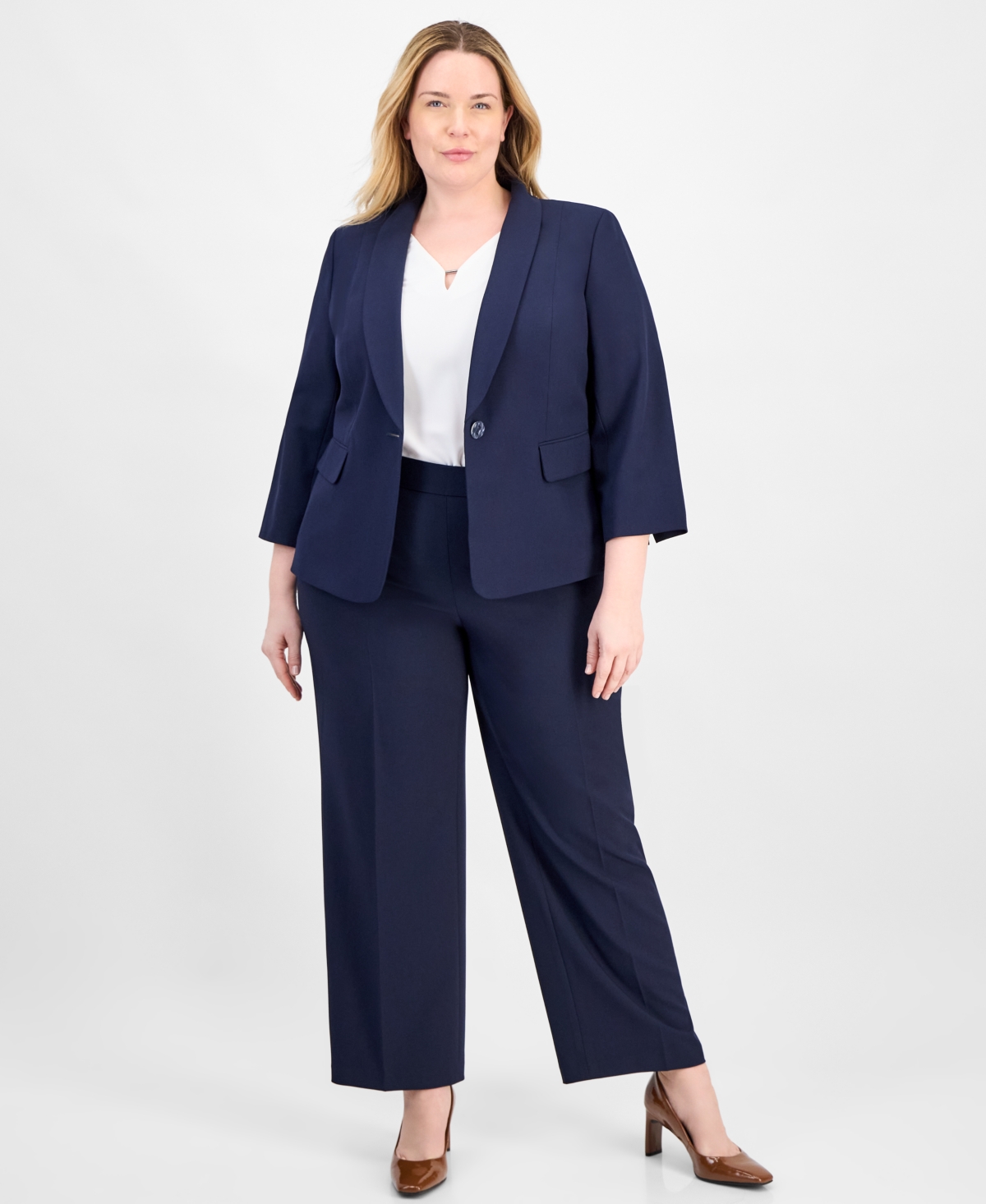 Le Suit Plus Size Shawl-collar One-button Jacket & Pull-on Straight-leg Pants In Midnight Navy