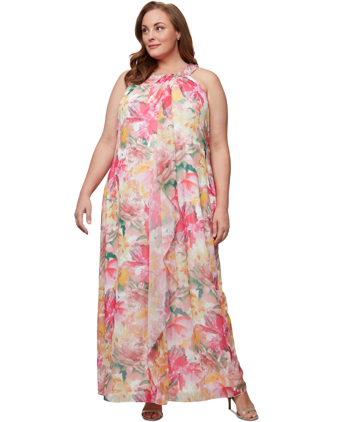 Sl Fashions Plus Size Beaded Halter Ruffled Chiffon Gown In Pink Multi