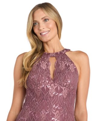 Women's Sequin Lace Keyhole Halter Gown