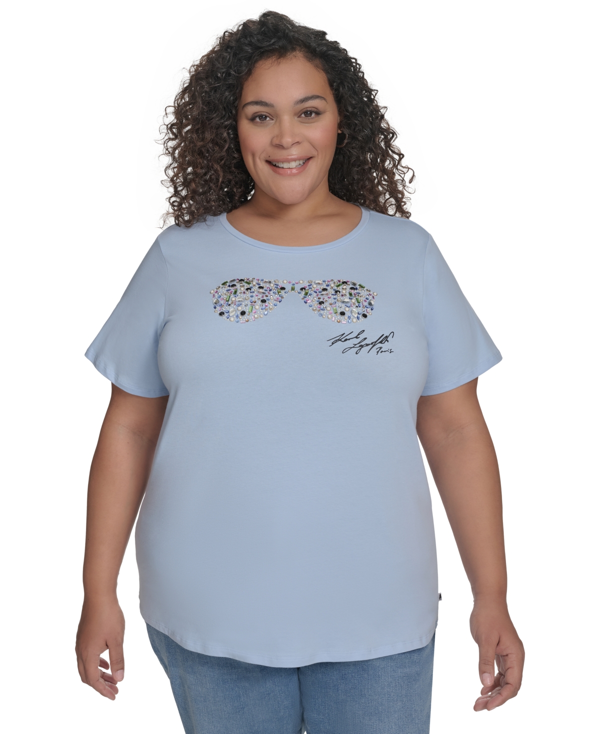 Karl Lagerfeld Plus Size Sunglass Graphic Logo T-shirt In Chambray Blue