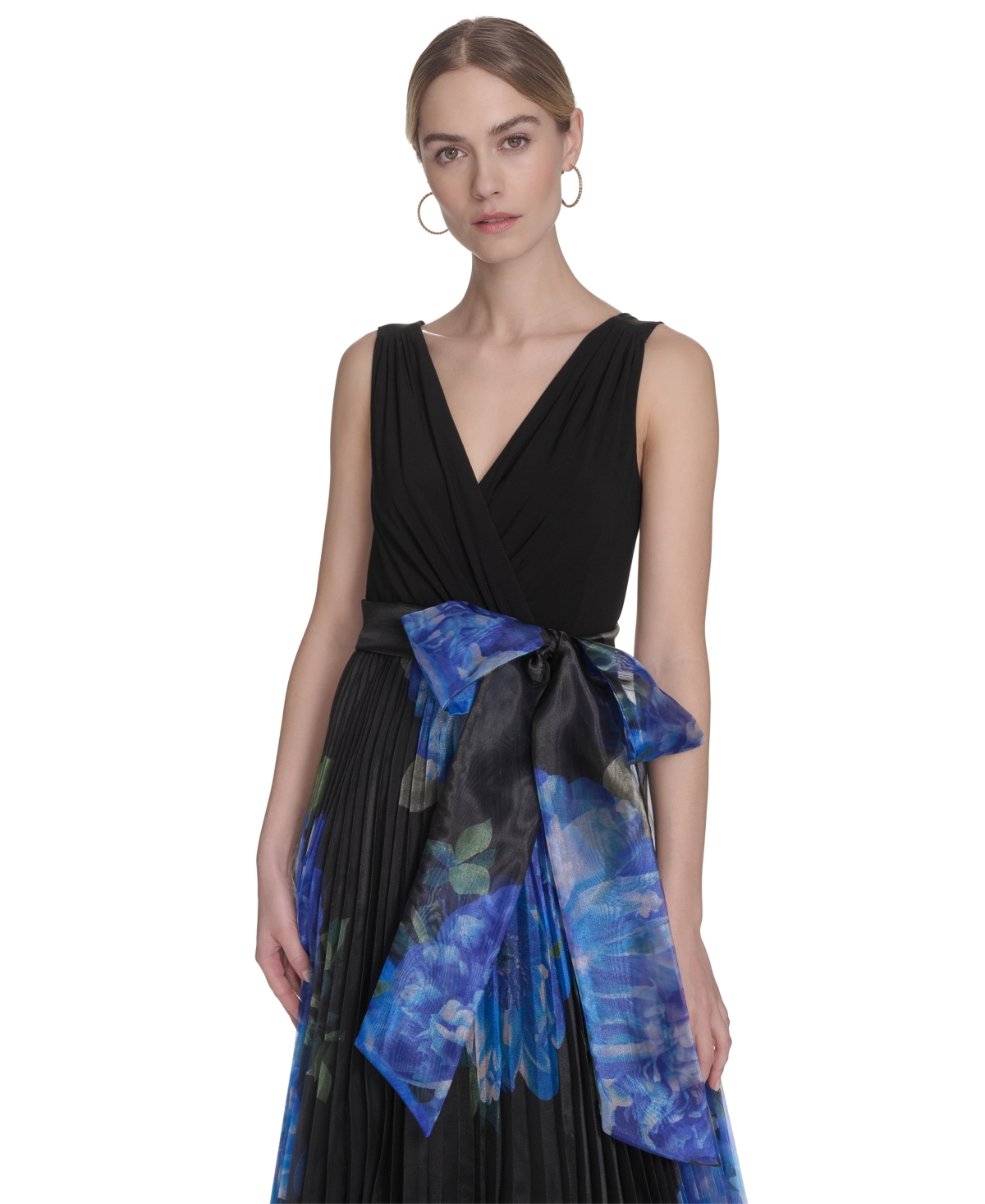 Shop Eliza J Women's Mixed-media V-neck Sleeveless Pleated Gown In Black,blue