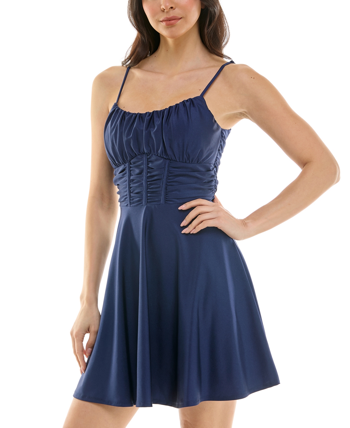 Emerald Sundae Juniors' Ruched Sleeveless Fit & Flare Dress In Navy