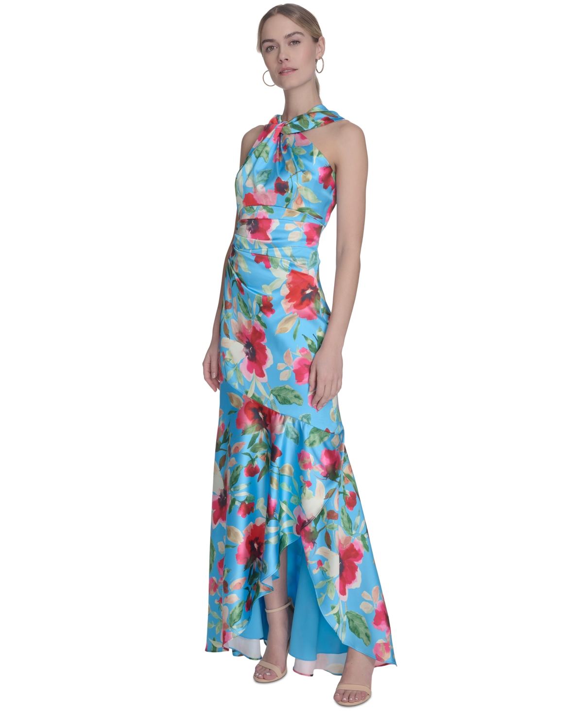 Shop Eliza J Women's Floral-print Twist-front Halter Gown In Aqua Multi