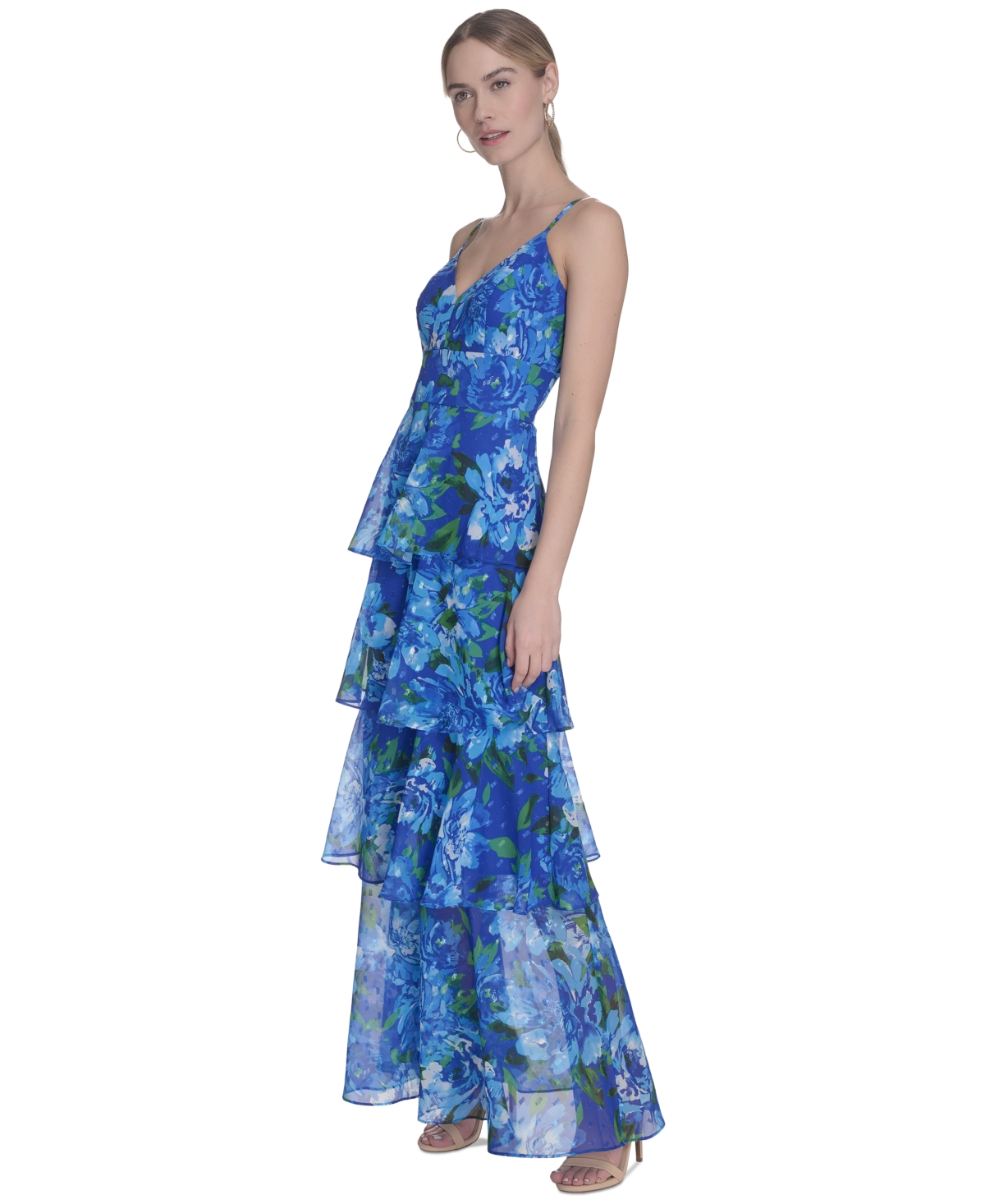 Shop Eliza J Women's Printed Chiffon Tiered Gown In Cobalt