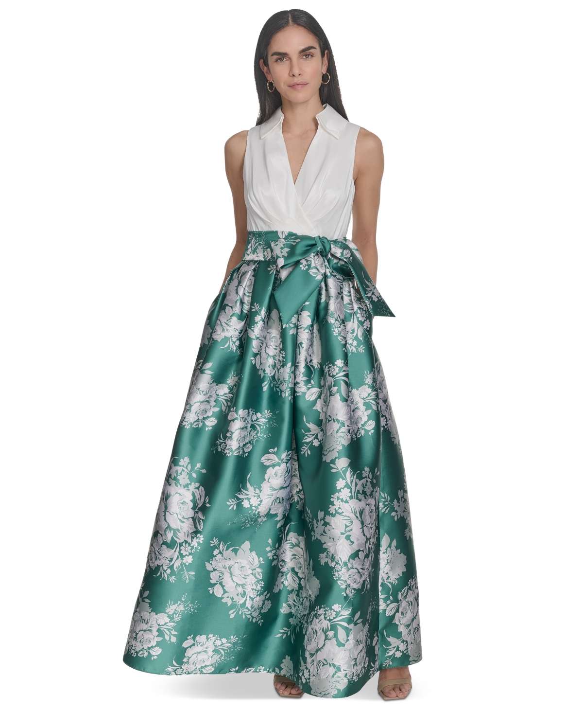 Petite Mixed-Media V-Neck Pleated Gown - Ivy