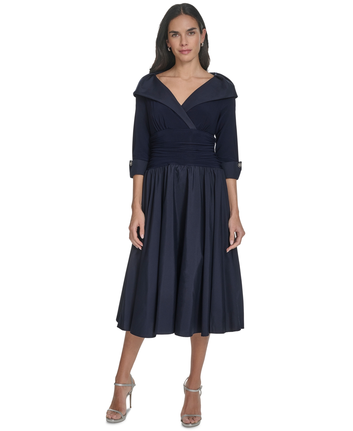 Jessica Howard Petite 3/4-sleeve Portrait-collar Fit & Flare Dress In Navy