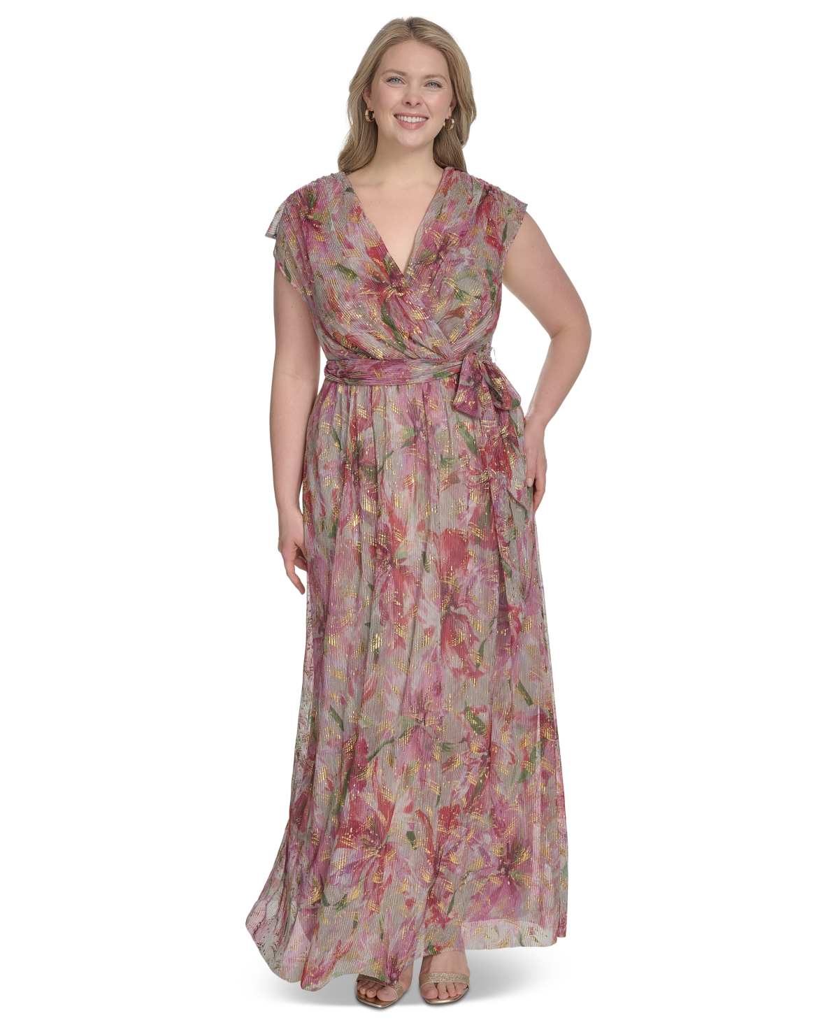 Jessica Howard Plus Size V-neck Shoulder-drape Gown In Poppy Multi