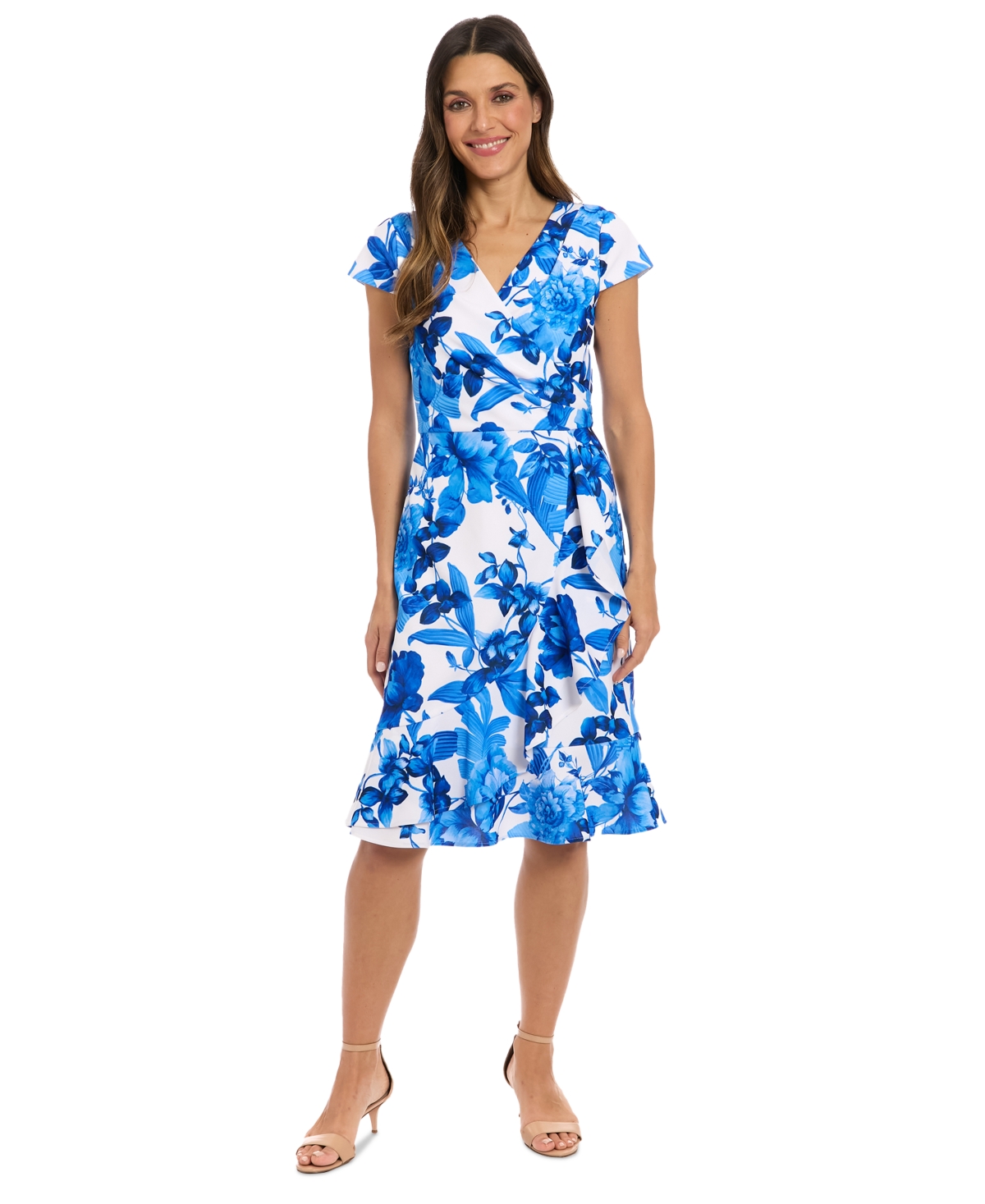 London Times Petite Floral Flutter-sleeve Ruffle Dress In Blue