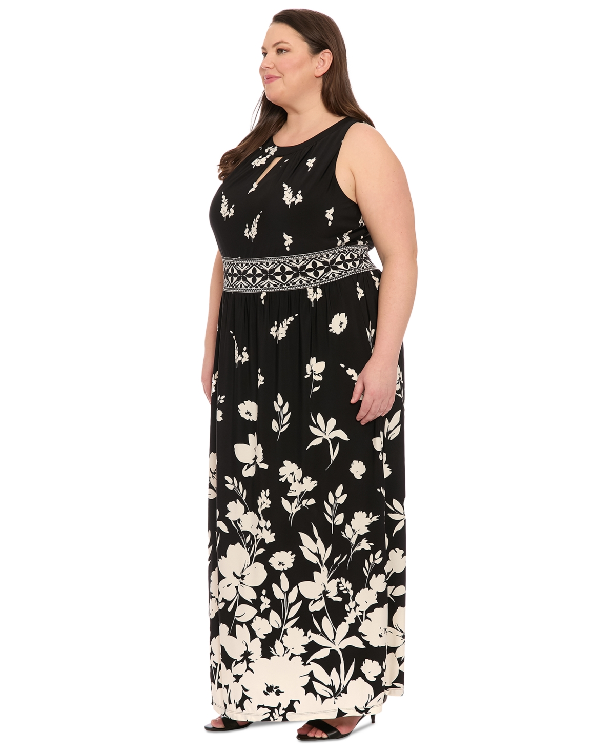 London Times Plus Size Placement- Print Keyhole Maxi Dress