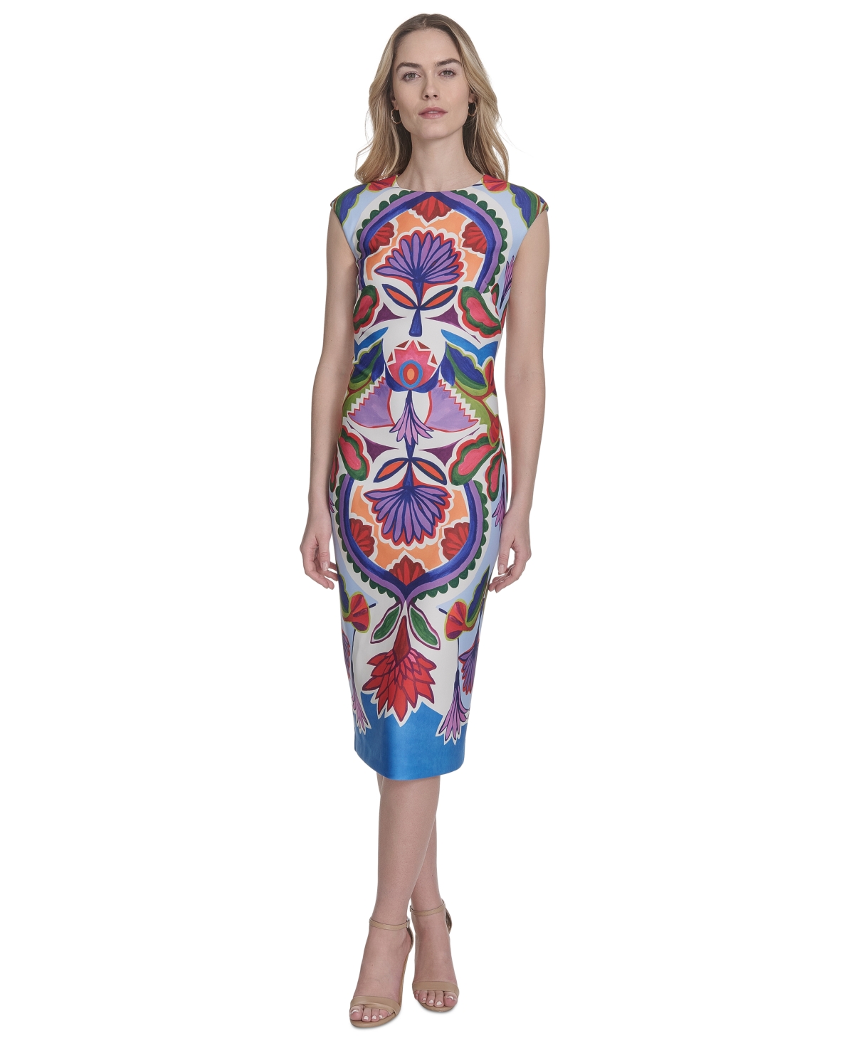 Vince Camuto Petite Placement-Print Cap-Sleeve Midi Dress - Blue Multi