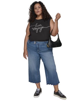 Shop Karl Lagerfeld Plus Size Bon Voyage Graphic T Shirt High Rise Scalloped Hem Jeans In Black