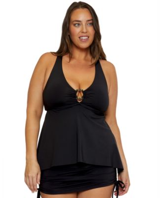 Becca Etc Plus Size Marble Canyon Ring Tankini Top High Waist Bikini Bottoms In Azalea