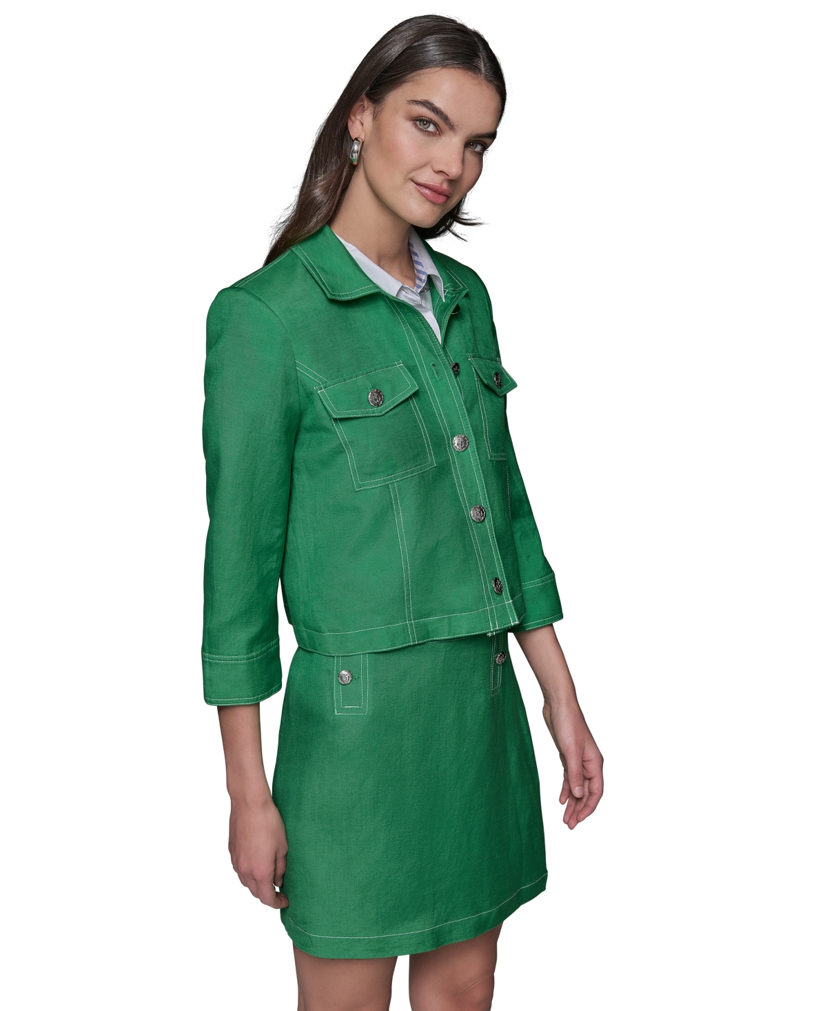 Shop Karl Lagerfeld Petite Linen-blend Jacket In Flore Green