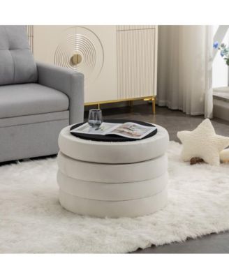 Round Velvet Storage Ottoman, 24" Upholstered Footstool, Makeup Stool, Bedroom Bench, Living Room Accent Seat