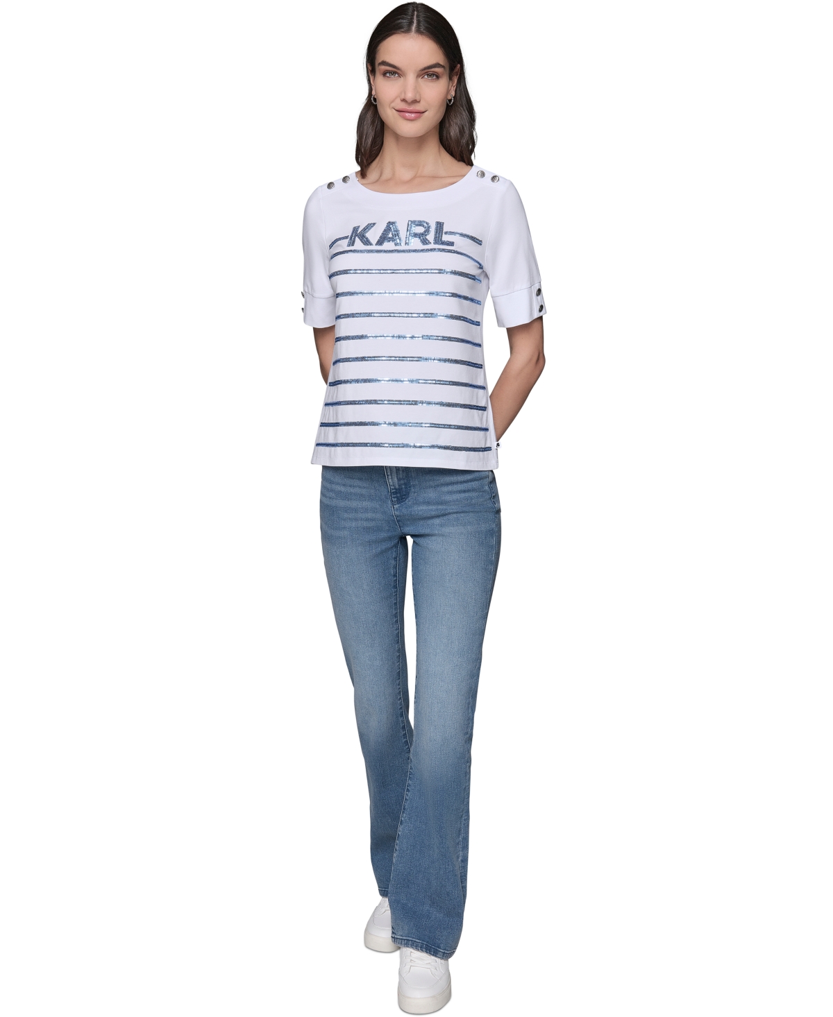 Karl Lagerfeld Women's Embellished Stripe Crewneck Tee In White,blue