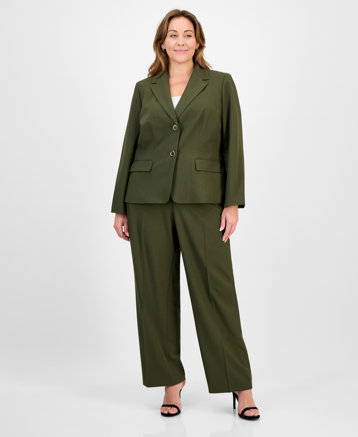 Plus Size Crepe Two-Button Jacket & Pull-On Pantsuit - Hunter