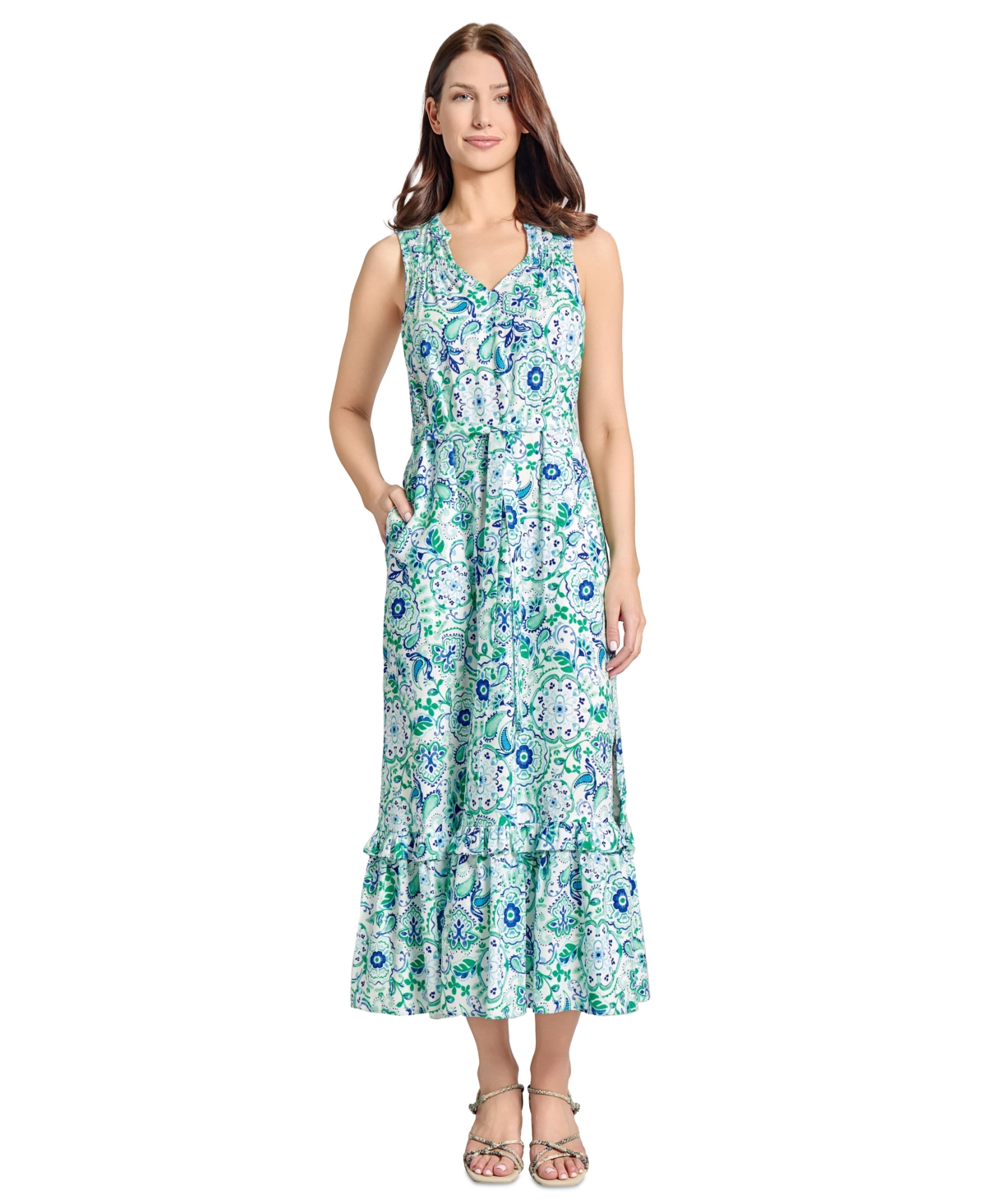 Jones New York Petite Side-slit Printed Ruffle Dress