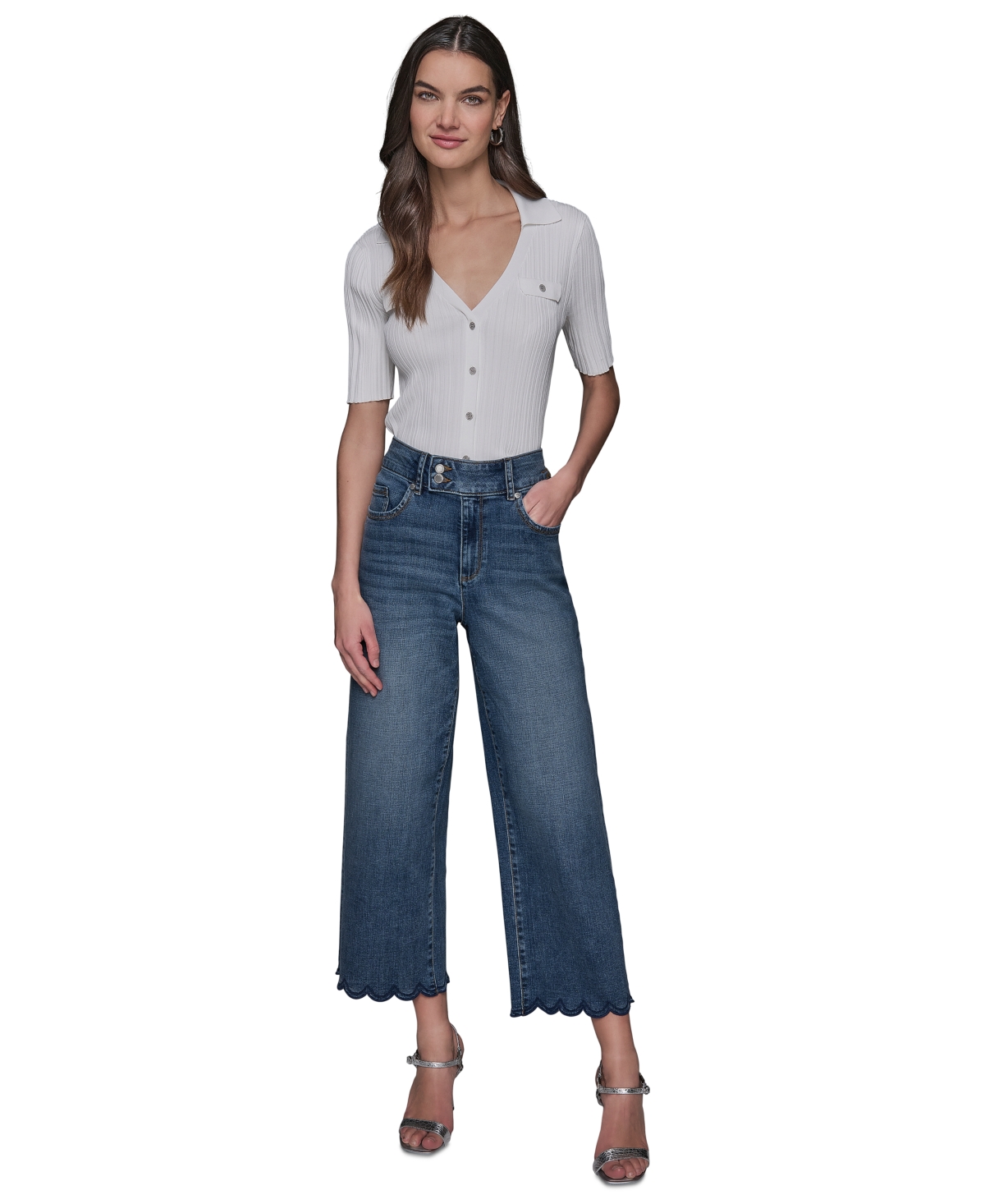 Petite Scalloped-Hem Cropped Wide-Leg Jeans - Coastal Blue