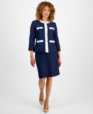 Women's Tipped 3/4-Sleeve Jacket And Skirt Suit Set, Regular & Petite 