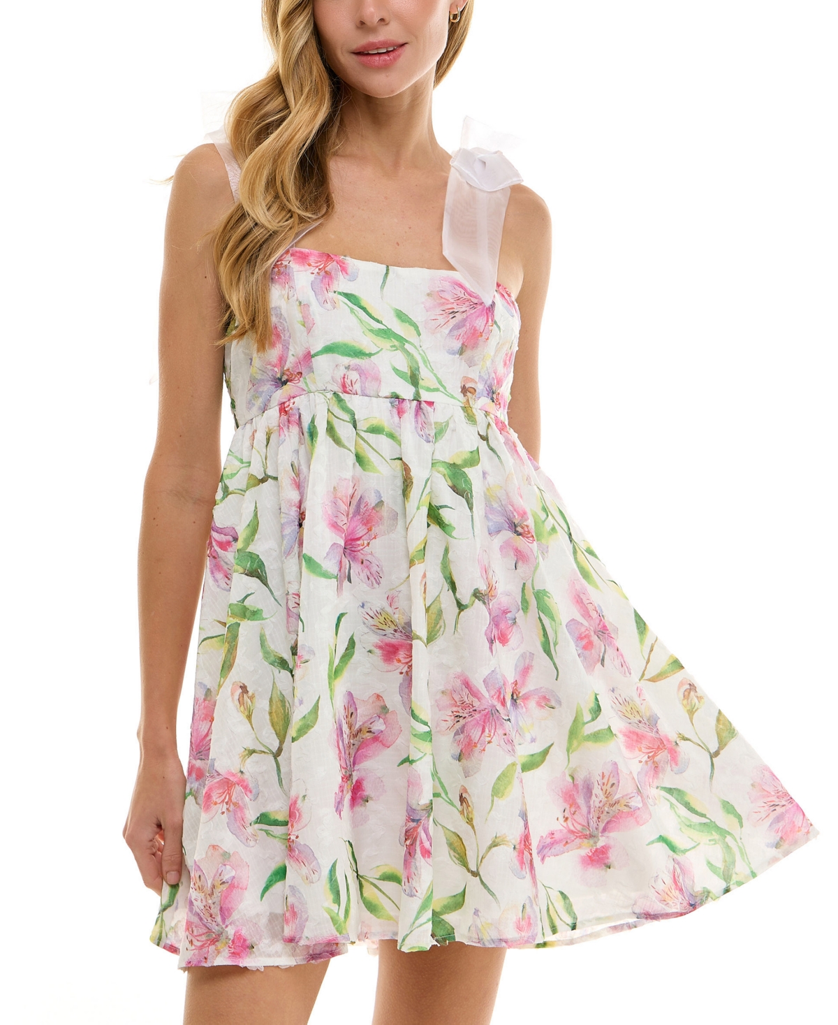 Juniors' Floral-Print Babydoll Dress - Ivory Pink Multi
