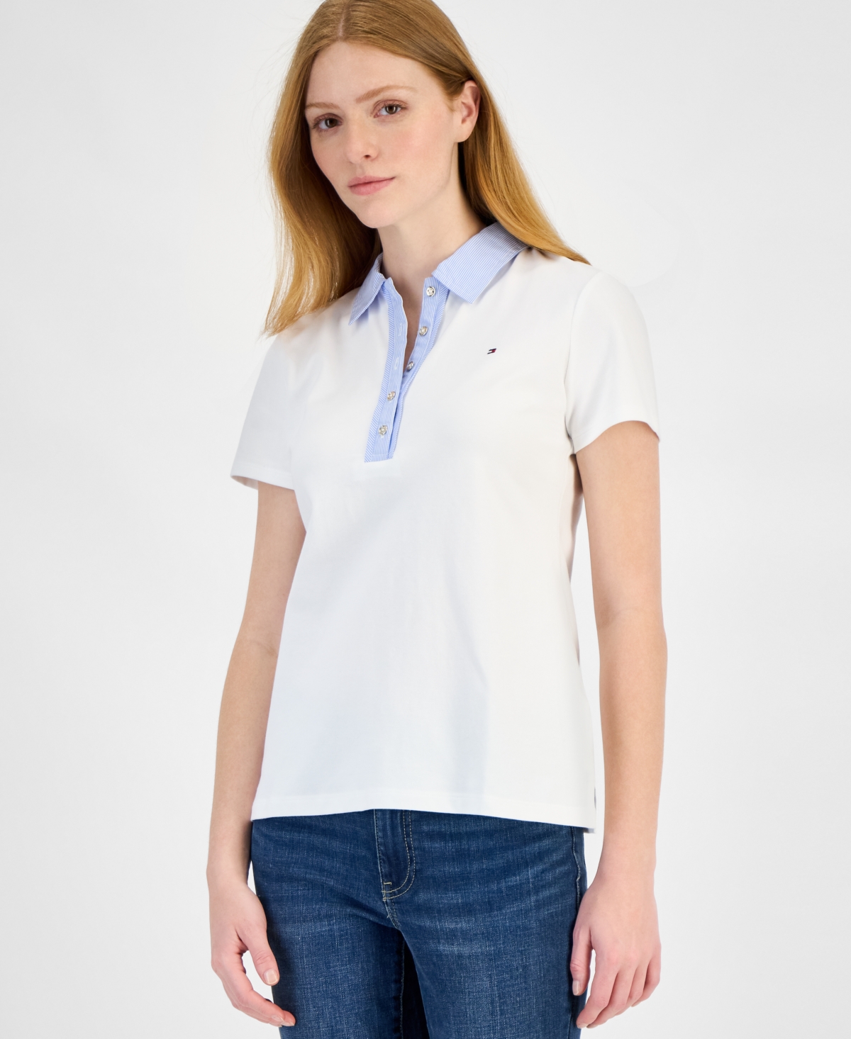 Women's Pique-Knit Striped-Collar Polo - Bright White