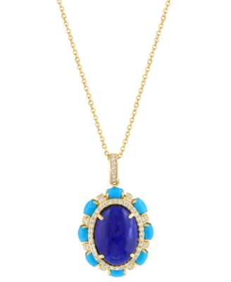 EFFY&reg; Lapis Lazuli, Sleeping Beauty Turquoise & Diamond (1/4 ct. t.w.) Pendant Necklace in 14k Gold, 17" + 1" extender