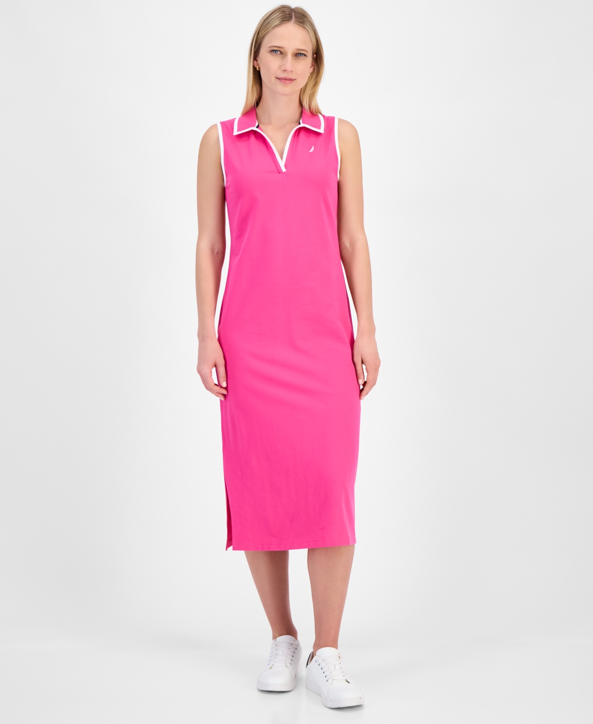 Women's Johnny-Collar Sleeveless Midi Dress - Hot Pink