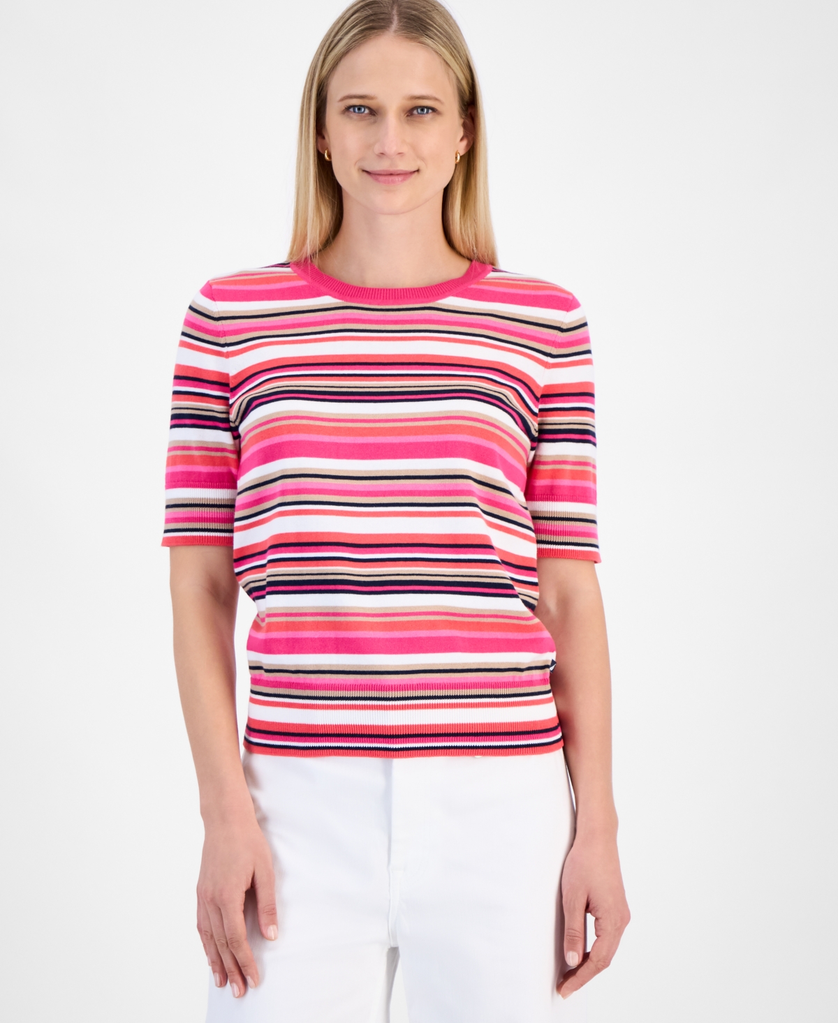 Nautica Jeans Women's Cotton Striped Short-sleeve Sweater In Hot Pink Multi