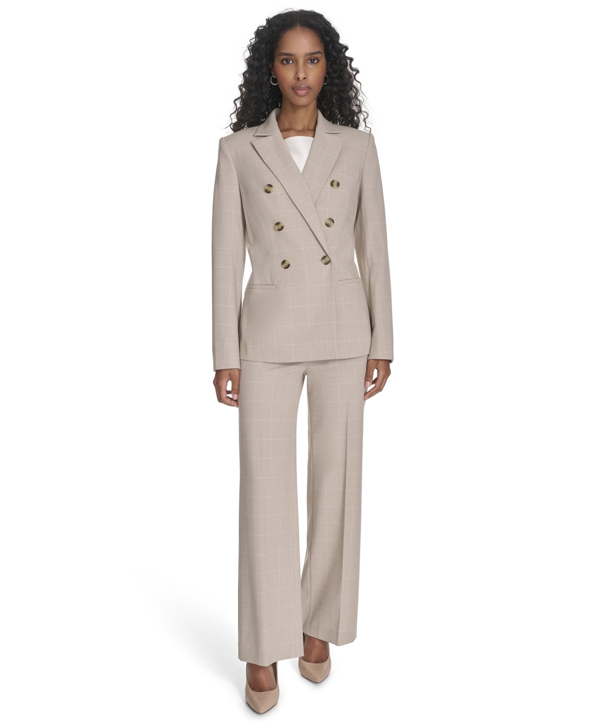 Shop Calvin Klein Petite Windowpane Double-breasted Blazer In Wicker Multi