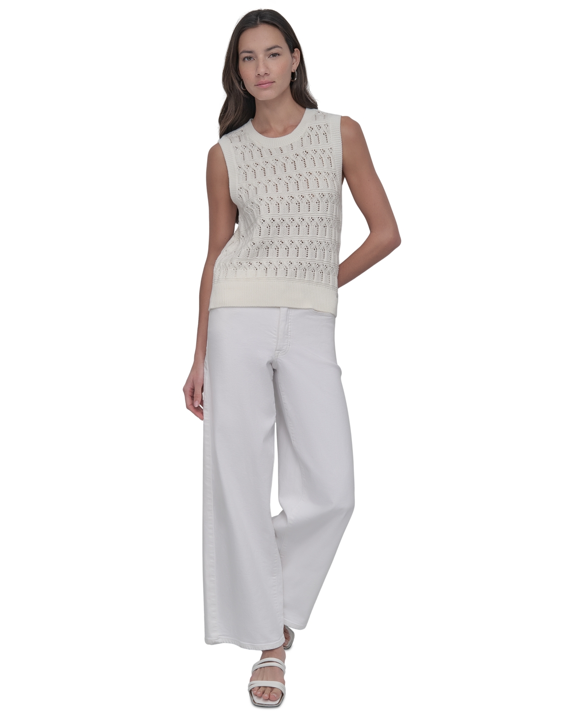 DKNY JEANS WOMEN'S COTTON POINTELLE-KNIT SLEEVELESS SWEATER 