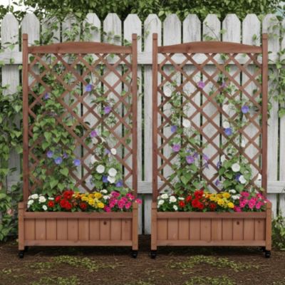 Raised Garden Bed with Trellis 2 Pack Outdoor Wooden Planter Box Plant Stand with Climbing Racks Natural Wood