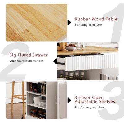 K K Fluted Kitchen Island with Trash Can Storage Power Outlet 3 Drawers Open Side Racks 5 Wheels White