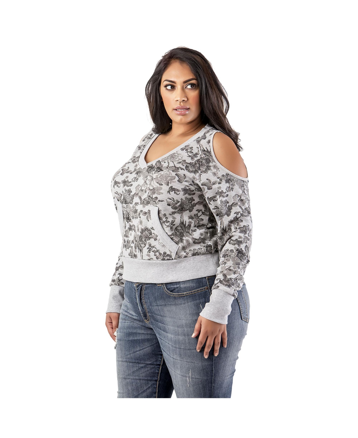 Plus Size Floral Printed V-Neck Long Sleeve Sweatshirt - Grey floral