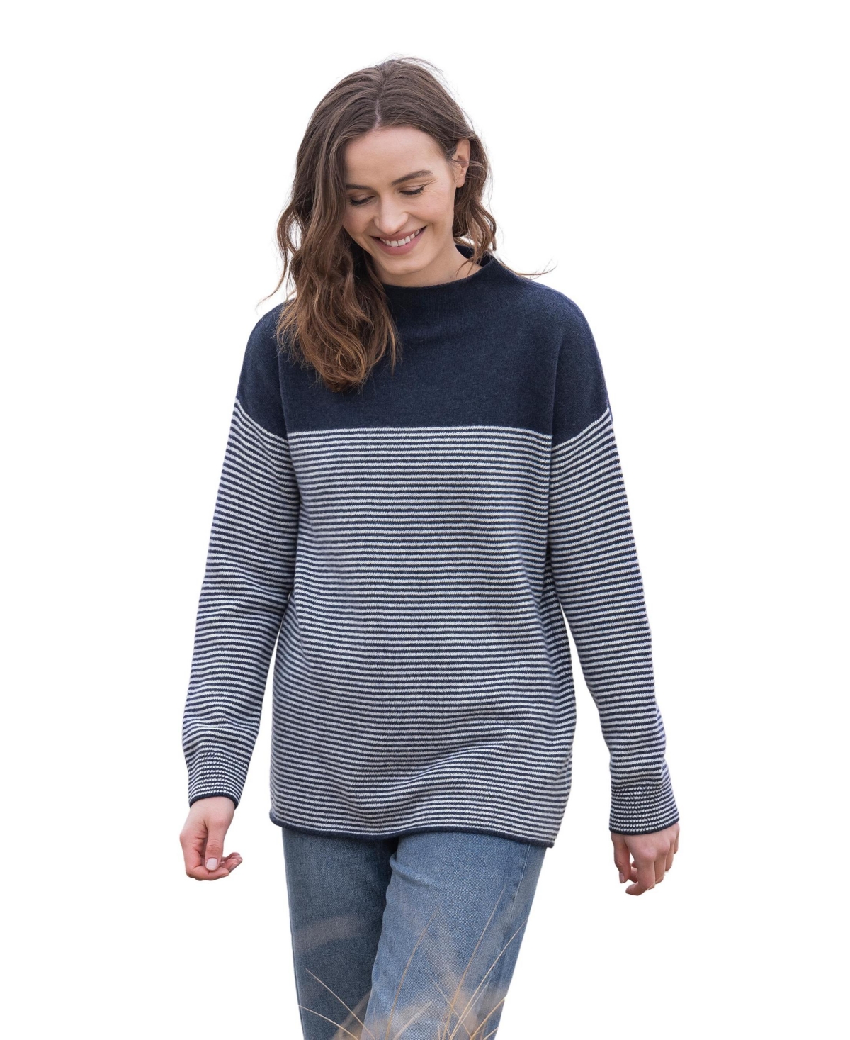 Women's Felted Funnel Neck Sweater - Navy / ecru stripe