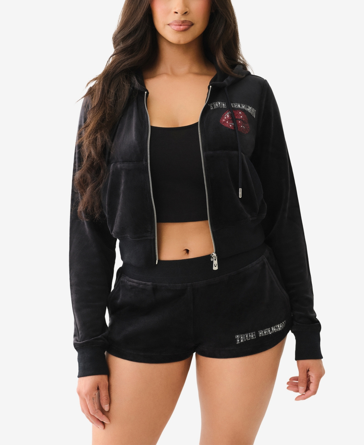 TRUE RELIGION WOMEN'S CRYSTAL LIPS SHRUNKEN HOODIE SWEATSHIRT 