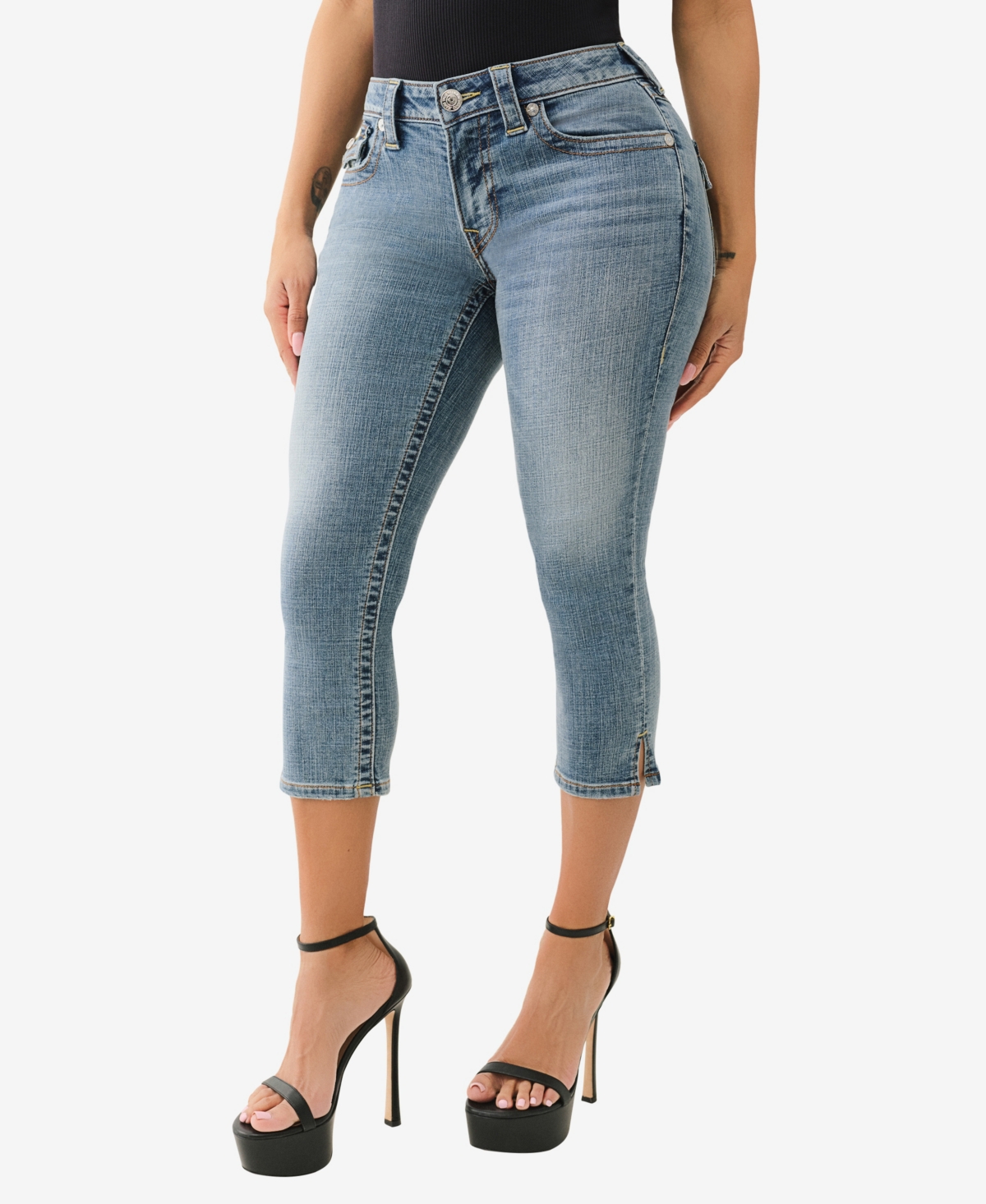 TRUE RELIGION WOMEN'S JENNIE MID RISE FLAP CAPRI JEANS 