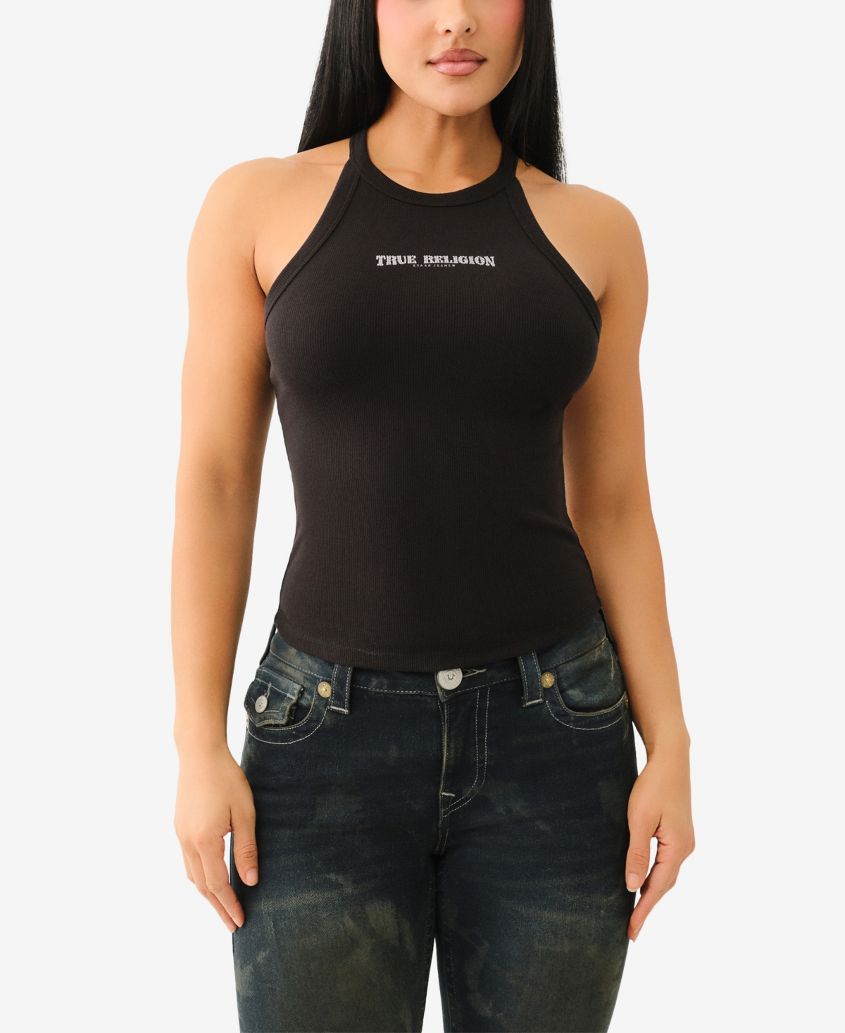 TRUE RELIGION WOMEN'S LOGO HALTER NECKLINE TANK T-SHIRT 