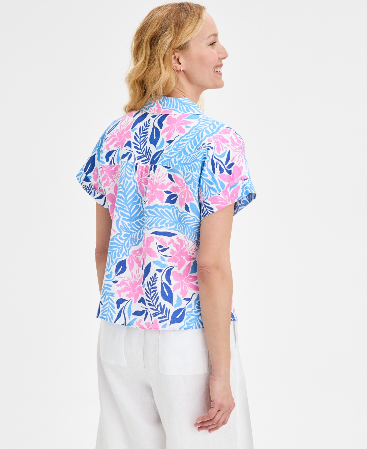 CHARTER CLUB WOMEN'S FLORAL-PRINT 100% LINEN TIE-FRONT TOP, EXCLUSIVELY AT MACY'S 