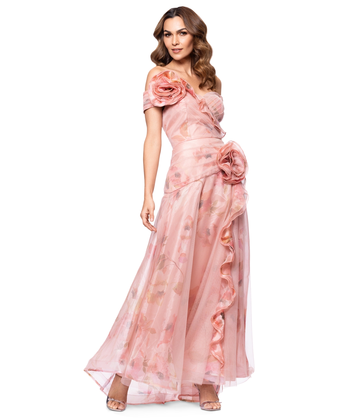 Betsy & Adam Women's Off-the-shoulder Floral Organza Ball Gown In Peach
