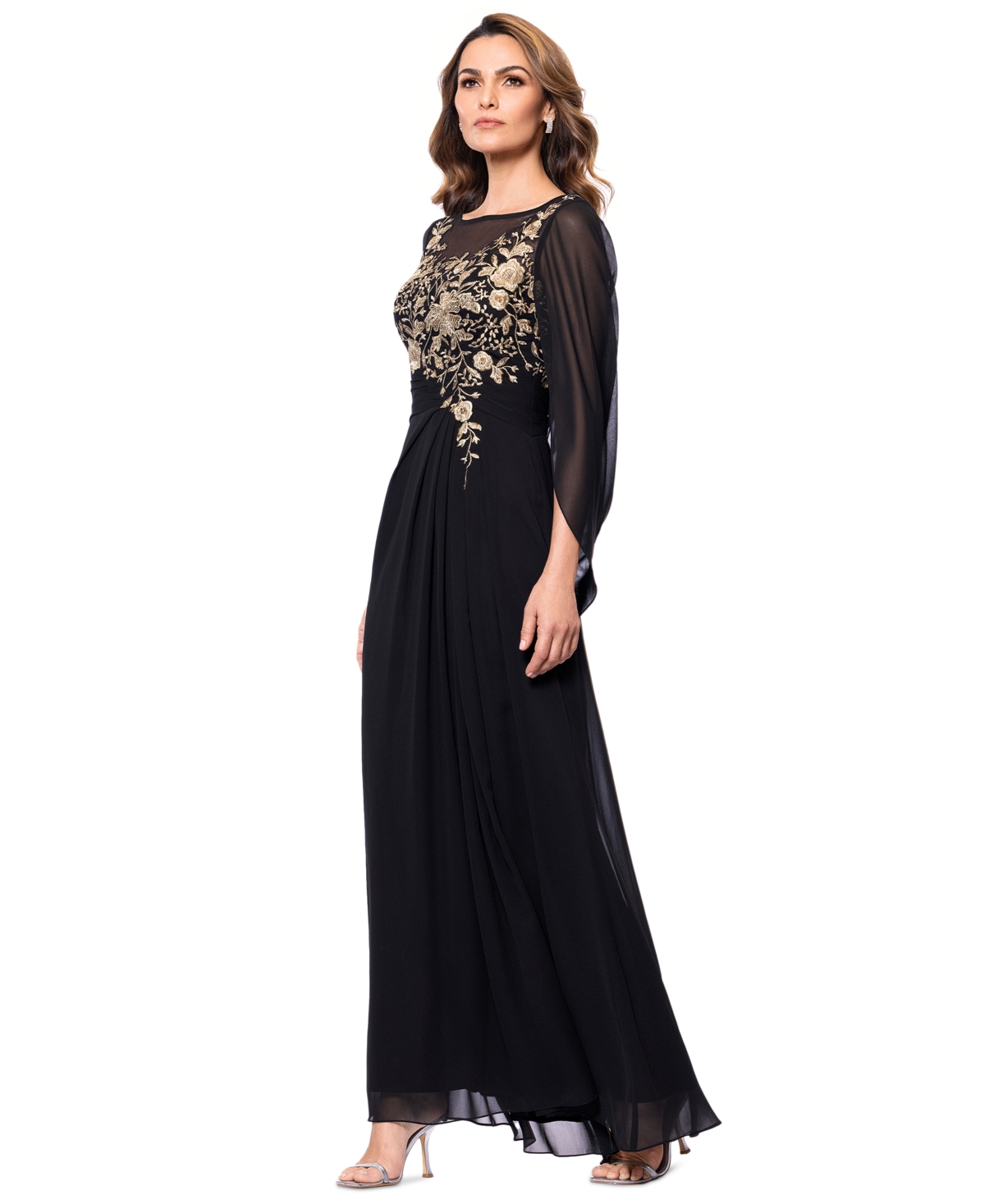 BETSY & ADAM WOMEN'S EMBROIDERED CAPE-SLEEVE GOWN
