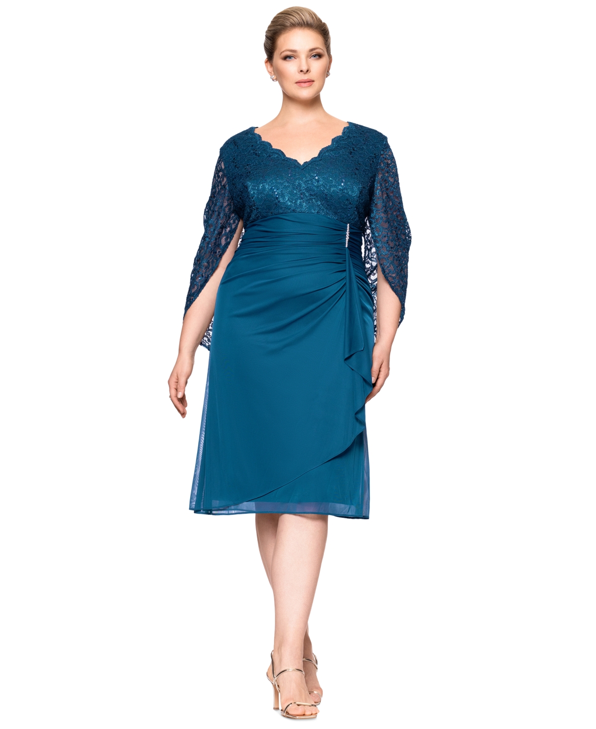 BETSY & ADAM BETSY & ADAM PLUS SIZE LACE DRAPED-BACK SHEATH DRESS 