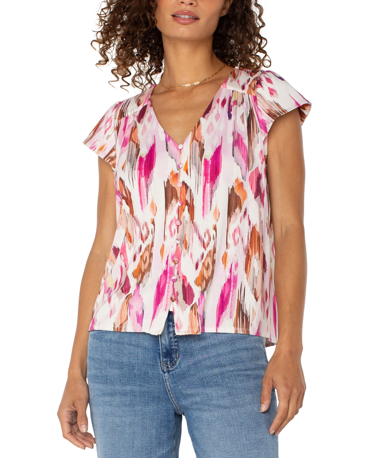 Women's Flutter Sleeve Button Front Knit Top - Pink Painted Ikat