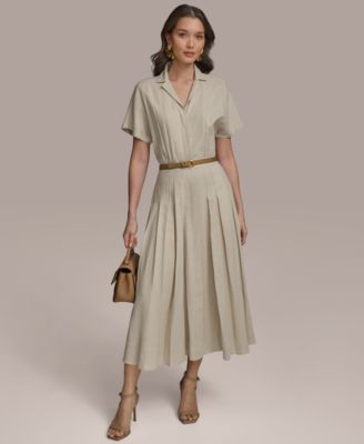 【Donna Karan New York】Linen Belted Shirtdress Donna Karan 3/4 Sleeve Collared Neck Belted Linen Blend Midi