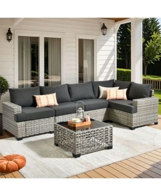 Outdoor Patio Furniture Set,6 Pieces Rattan Sectional Patio Furniture Set,Outside Coversation Set with Extra Deep Outdoor Sofa Couch and Solar Coffee Table for Porch Balcony Backyard Deck Poolside