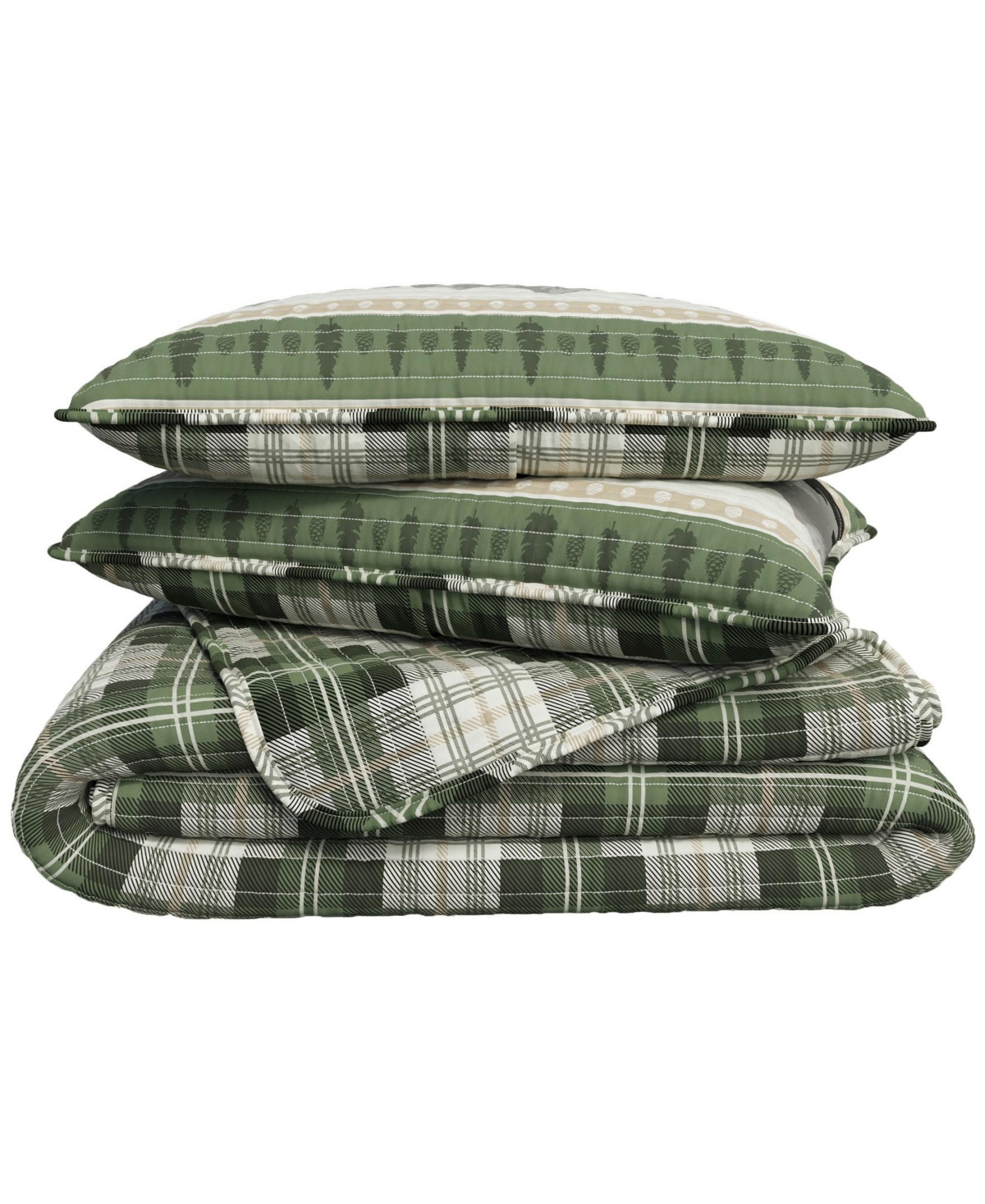 Linery & Co. Mountain Scape & Plaid Microfiber Quilt Set With Shams - Forest patchwork