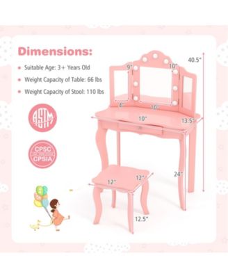 Kid Vanity Table Stool Set with Tri-Folding Mirror and 3-Color LED Lights