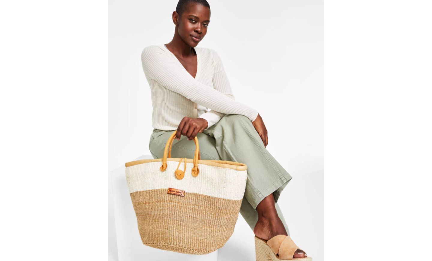 Женская сумка SAWA SAWA Earth Life Handwoven Sisal Straw Basket Tote, цвет: Бежевый / Белый — фото 5