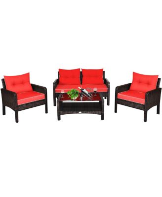 4PCS Patio Rattan Furniture Set Loveseat Sofa Coffee Table Garden W/Red Cushion